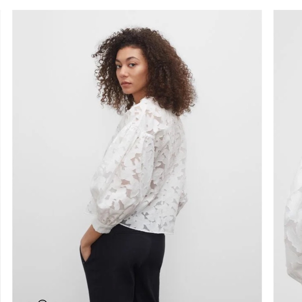 Club Monaco White Sheer Floral Lace Puff-Sleeve Top